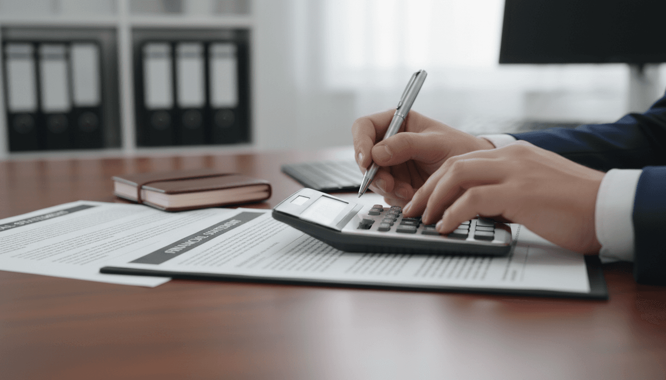 Hands reviewing financial documents with a pen on a desk