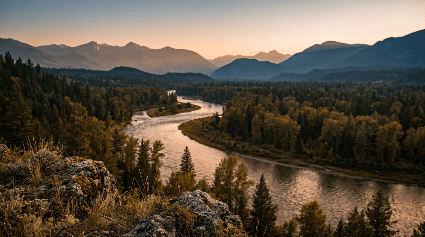 Aerial view of Clark Fork River at sunset flowing through forested Montana valley with mountain backdrop and warm golden light