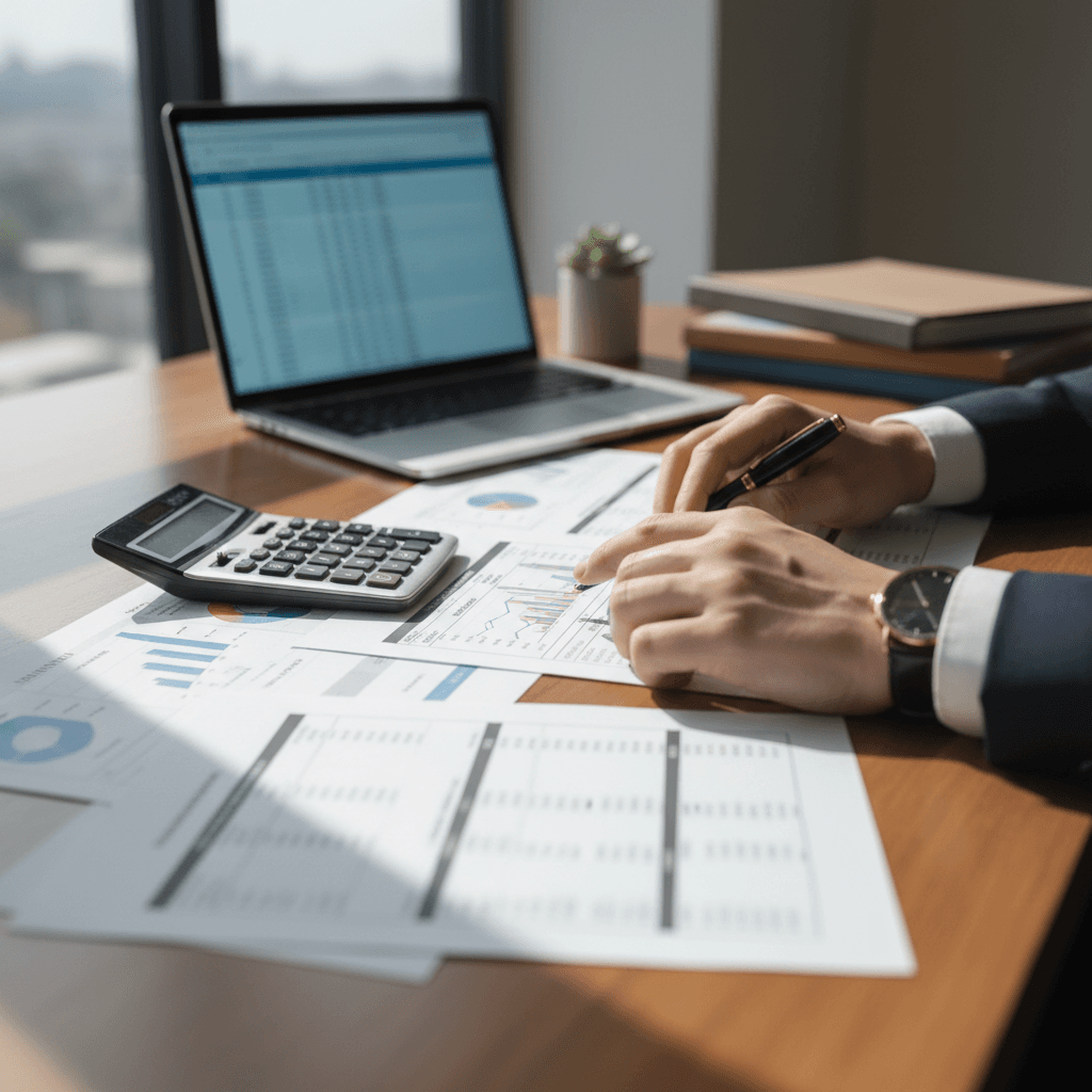 Financial consultant reviewing paperwork at a desk
