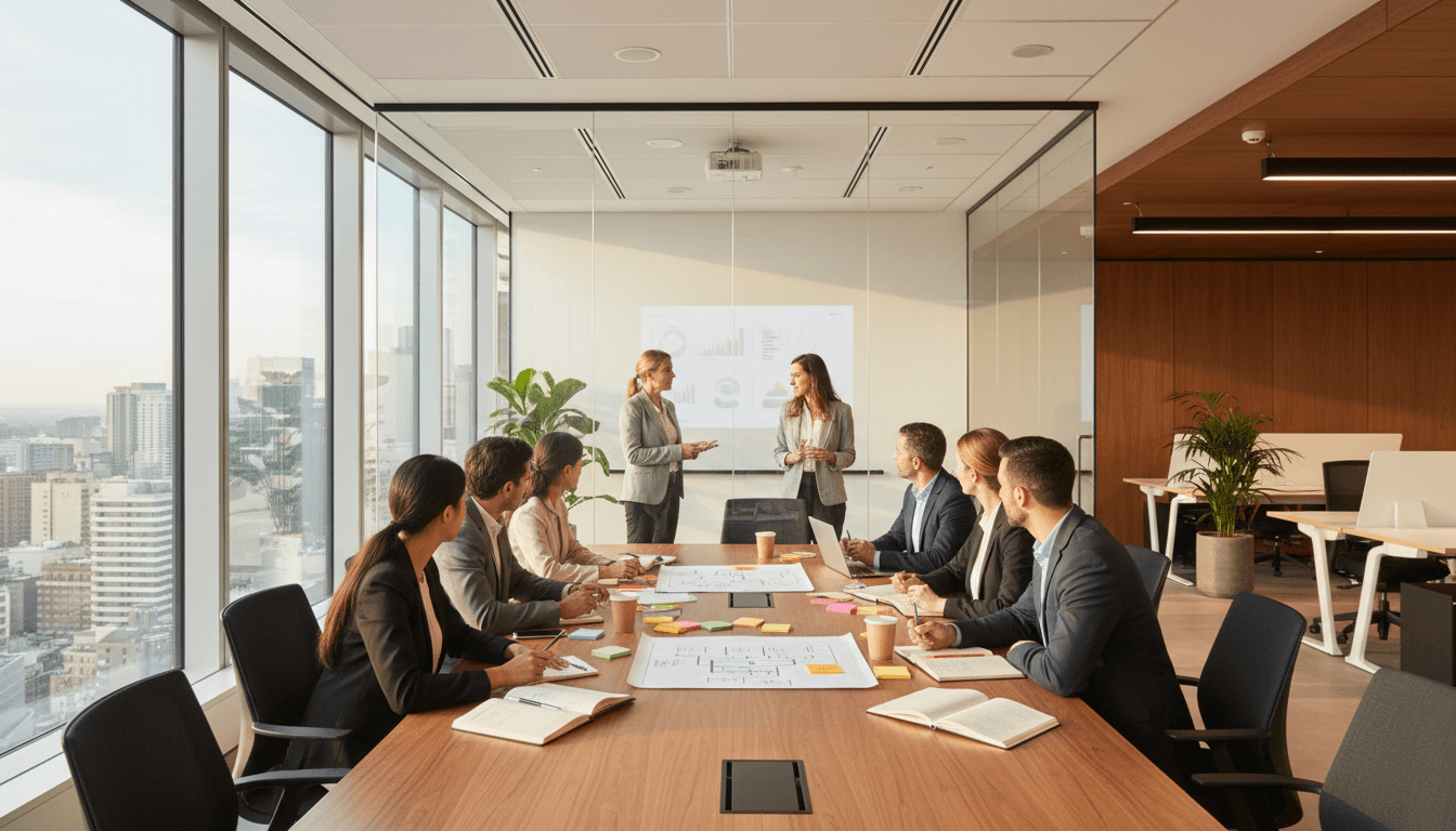 Professional team collaborating in a bright, modern office