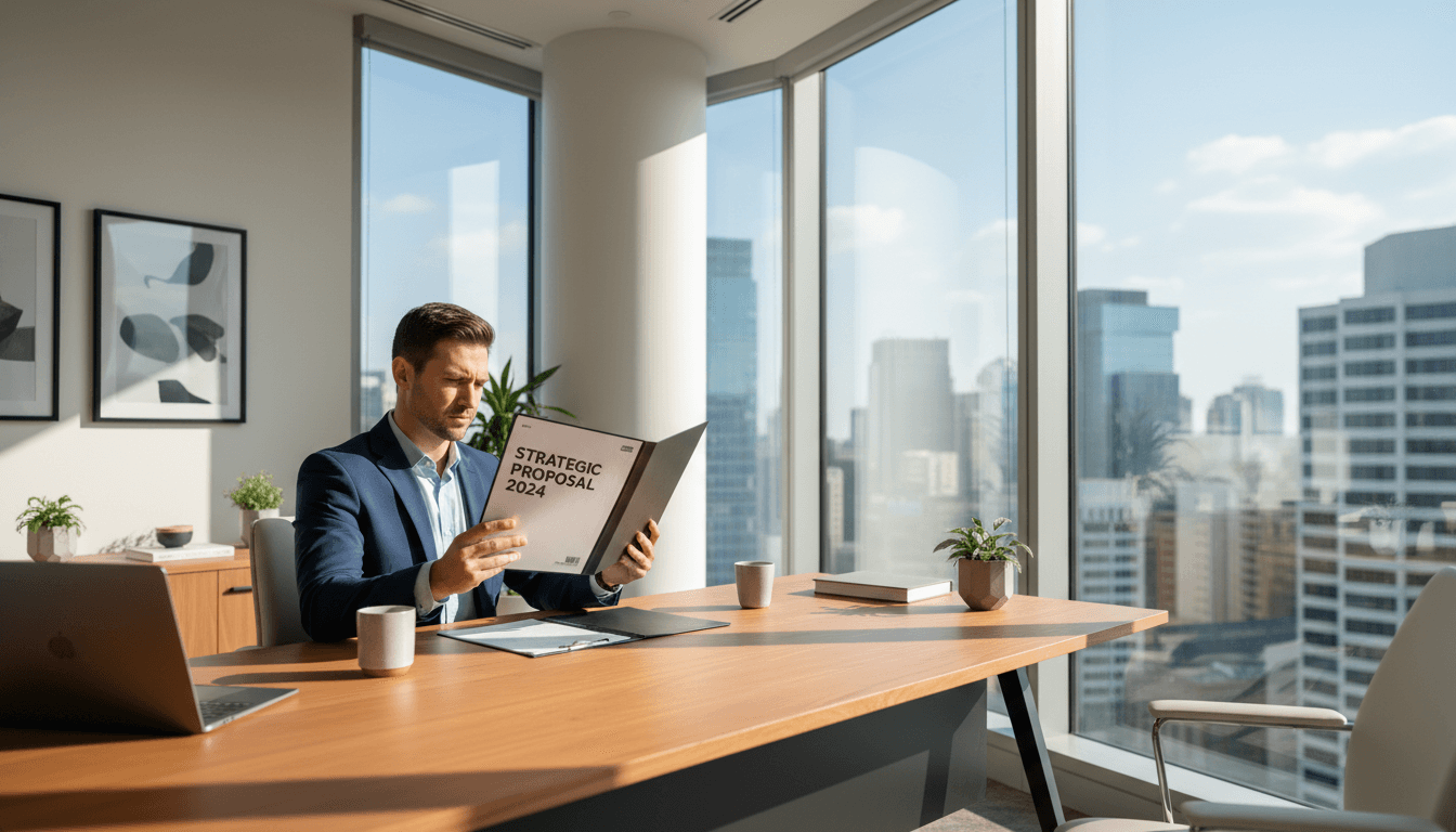 Professional businessman in suit reviewing documents at desk in bright office