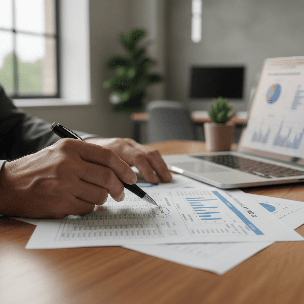 Hands of an auditor sorting through documents at a desk
