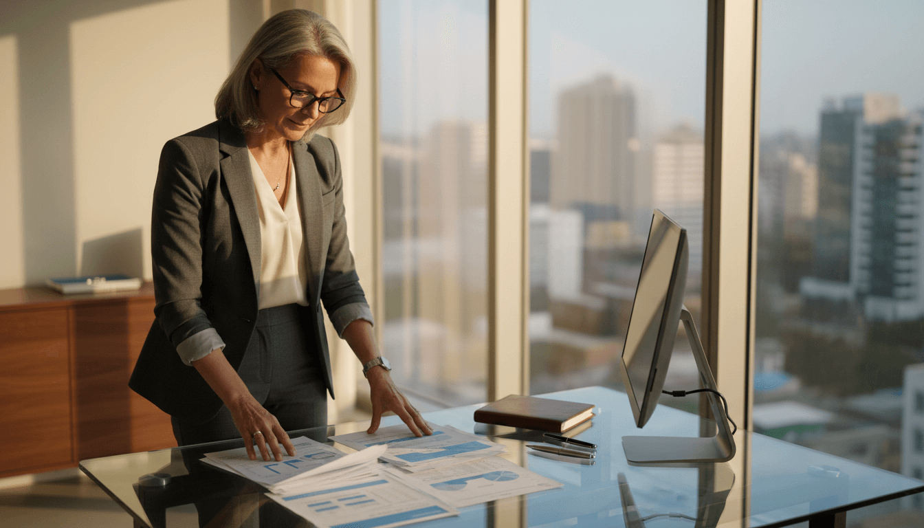 Professional financial consultant reviewing paperwork in a bright office
